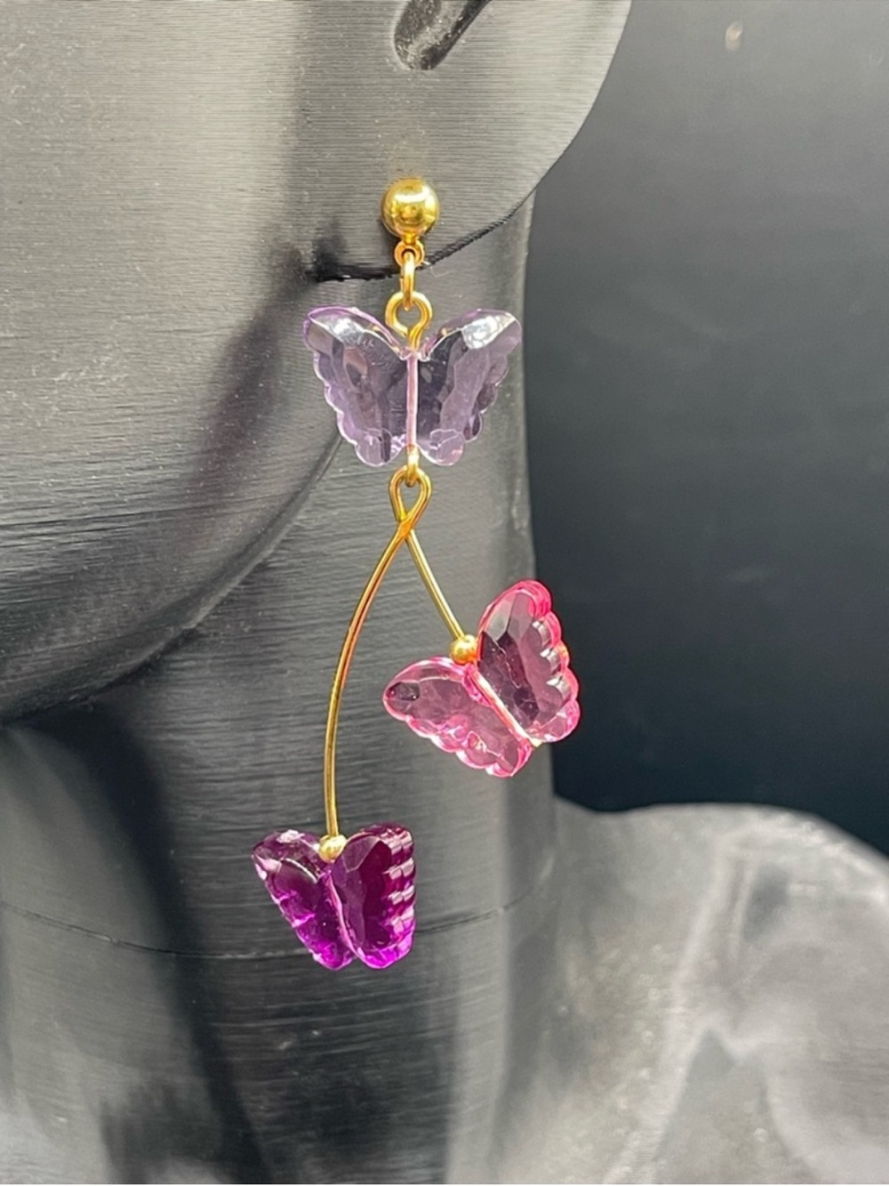 Vintage 1980s Avon Pink & Purple Butterfly Drop Earrings